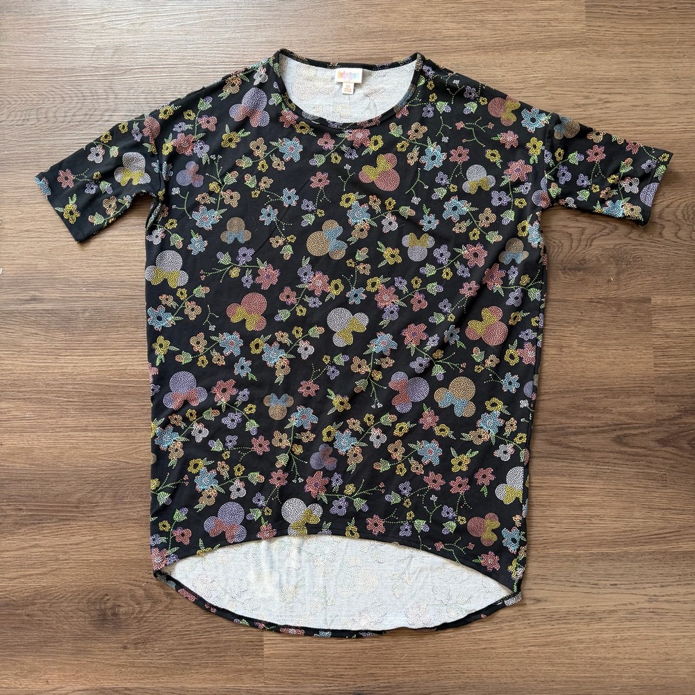LuLaRoe Disney Mickey Mouse Floral Dot Irma Tunic‎ Top Black Multi XS High Low